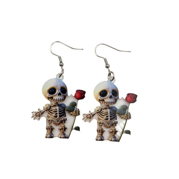 Acrylic Skeleton Holding Red Rose Dangle Earrings Halloween Gothic - Picture 1 of 7